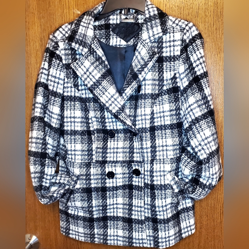 Jou Jou Women's Sz L Black and White Poly/Wool Checkered Pea Coat